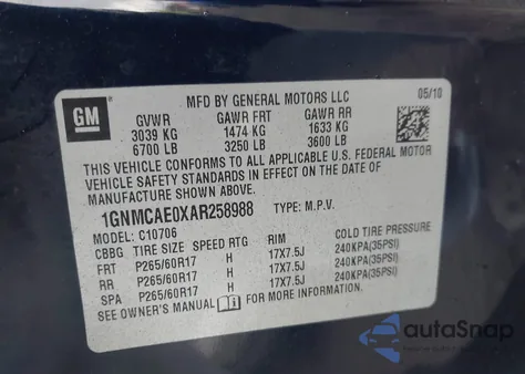 2010 Chevrolet Tahoe Ls из США, поврежденный, VIN 1GNMCAE0XAR258988